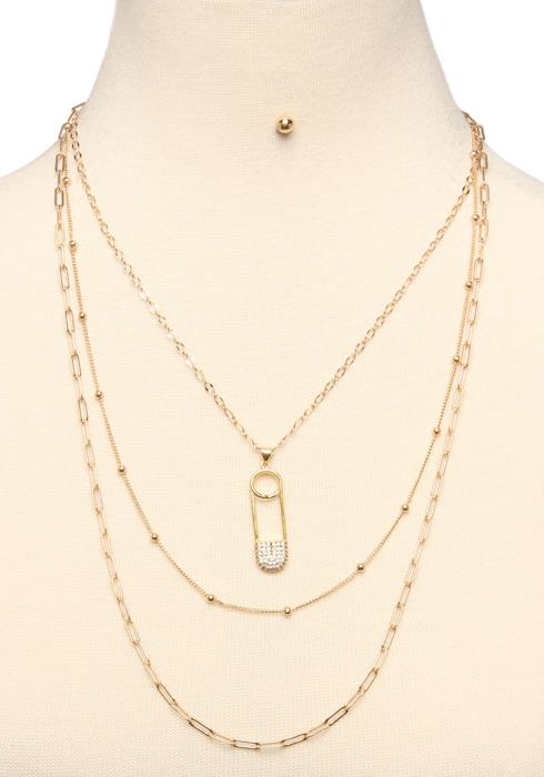 3 LAYERED METAL CHAIN RHINESTONE CLOTHING PIN PENDANT NECKLACE EARRING SET