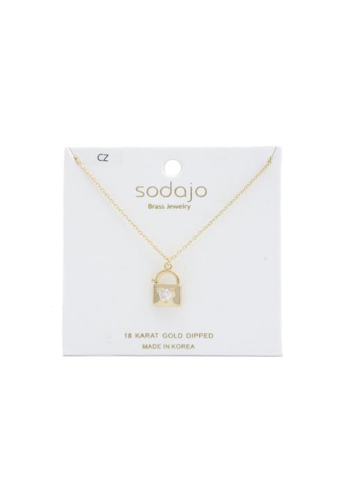 SODAJO LOCK CHARM CUBIC ZIRCONIA 18K GOLD DIPPED NECKLACE