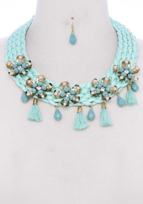 BRAIDED FLORAL NECKLACE WITH TASSEL