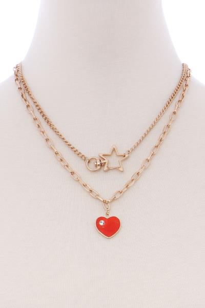 LAYERED METAL STAR AND HEART PENDANT NECKLACE