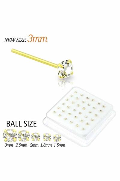 2 MM CZ STONE STERLING SILVER GOLD PLATED NOSE STUD STRAIGHT TIP (36 PC)
