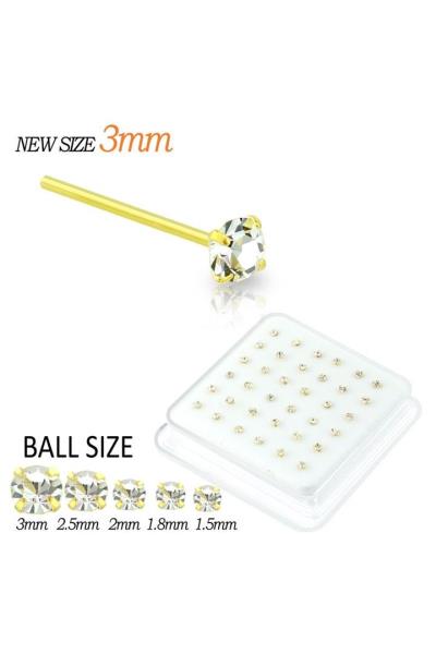2.5 MM CZ STONE STERLING SILVER GOLD PLATED NOSE STUD STRAIGHT TIP (36 PC)