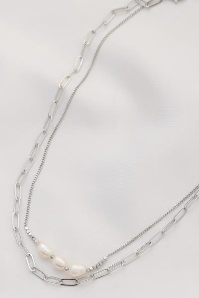 2 LAYERED METAL CHAIN PEARL PENDANT NECKLACE