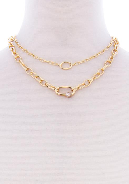 2 LAYERED METAL OVAL STONE POINT CHAIN NECKLACE
