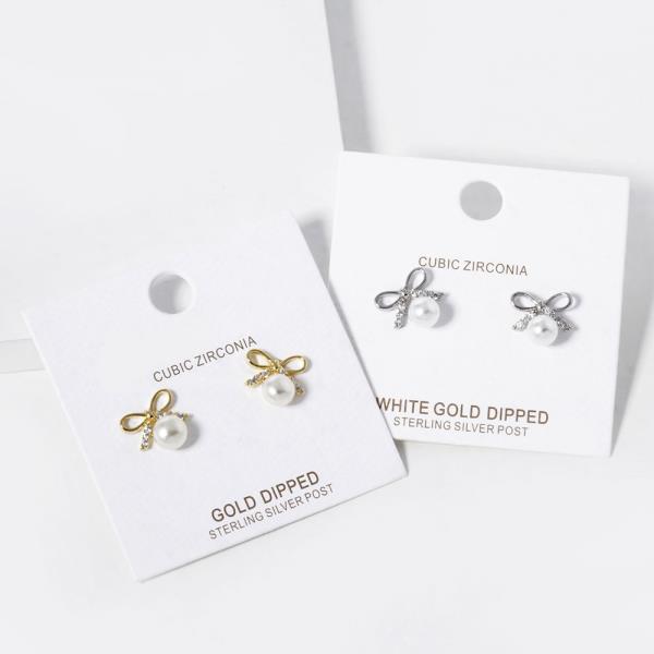 GOLD DIPPED CZ RIBBON BOW PEARL STUD EARRING