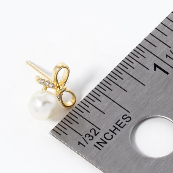 GOLD DIPPED CZ RIBBON BOW PEARL STUD EARRING