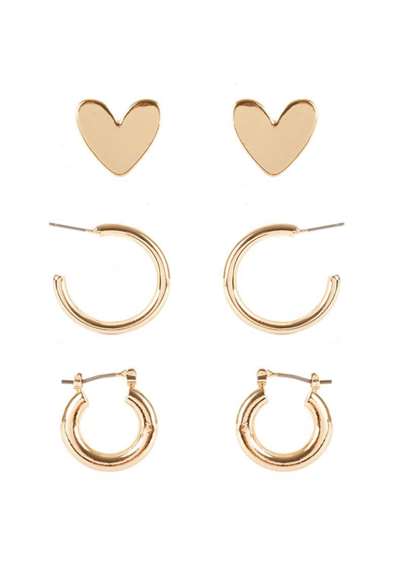 METAL HEART AND HOOP EARRING 3 PAIR SET