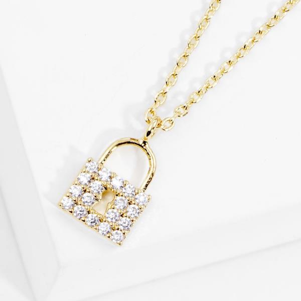 GOLD DIPPED CZ DAINTY RHINESTONE LOCK CHARM NECKLACE