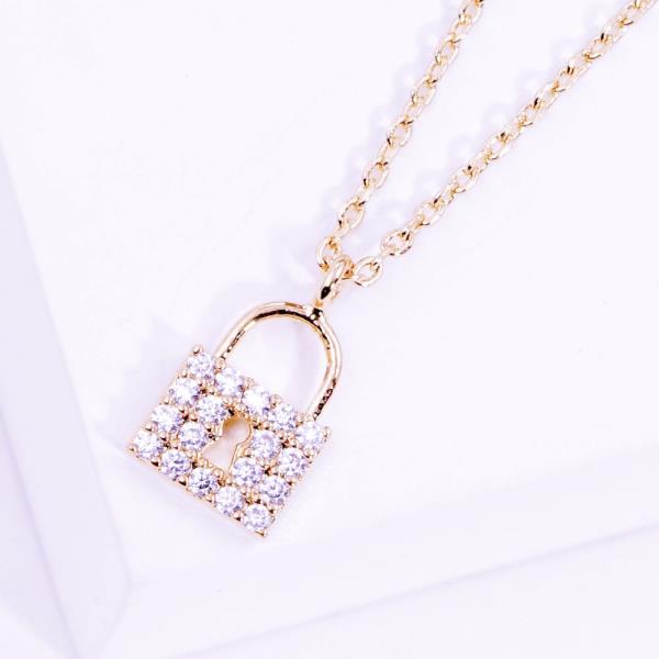 GOLD DIPPED CZ DAINTY RHINESTONE LOCK CHARM NECKLACE