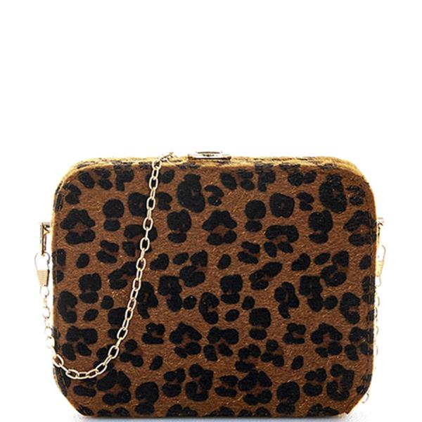 CUTE LEOPARD FUR STRUCTURED CROSSBODY CLUTCH WITH CHAIN