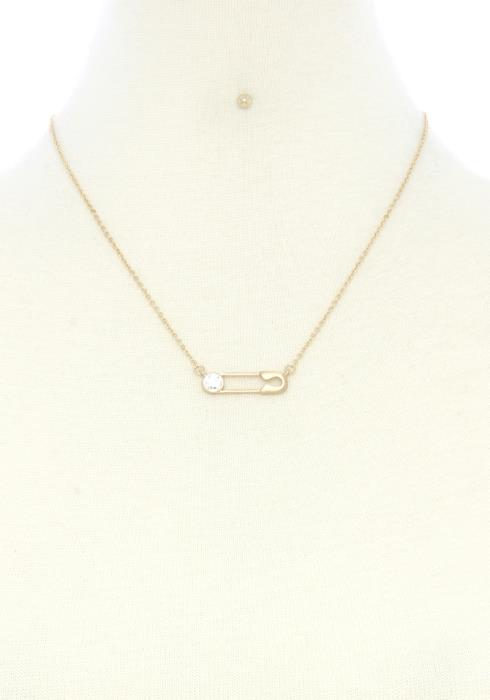 SAFETY PIN RHINSTONE CHARM NECKLACE