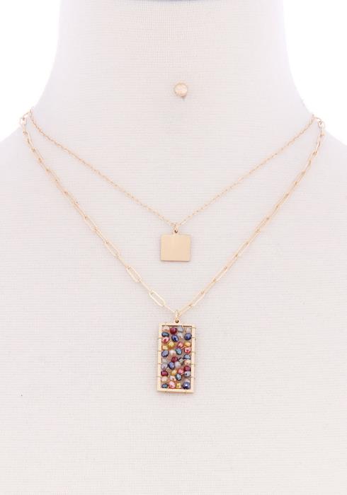 2 LAYERED SQUARE METAL BAR AND BEADED POINT PENDANT NECKLACE EARRING SET