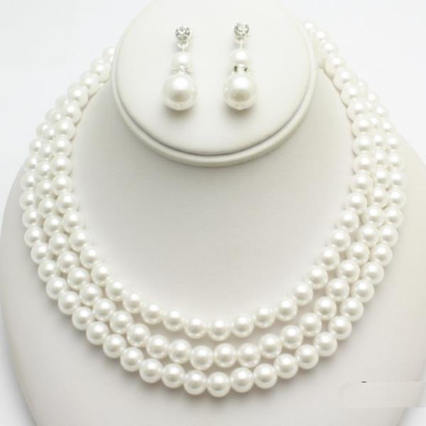 3 LAYERED PEARL NECKLACE EARRING SET