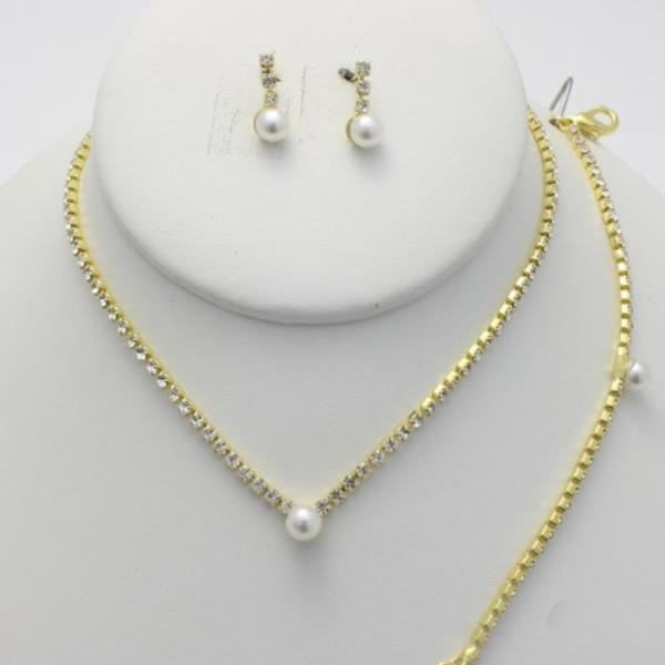 RHINESTONE PEARL NECKLACE EARRING BRACELET SET