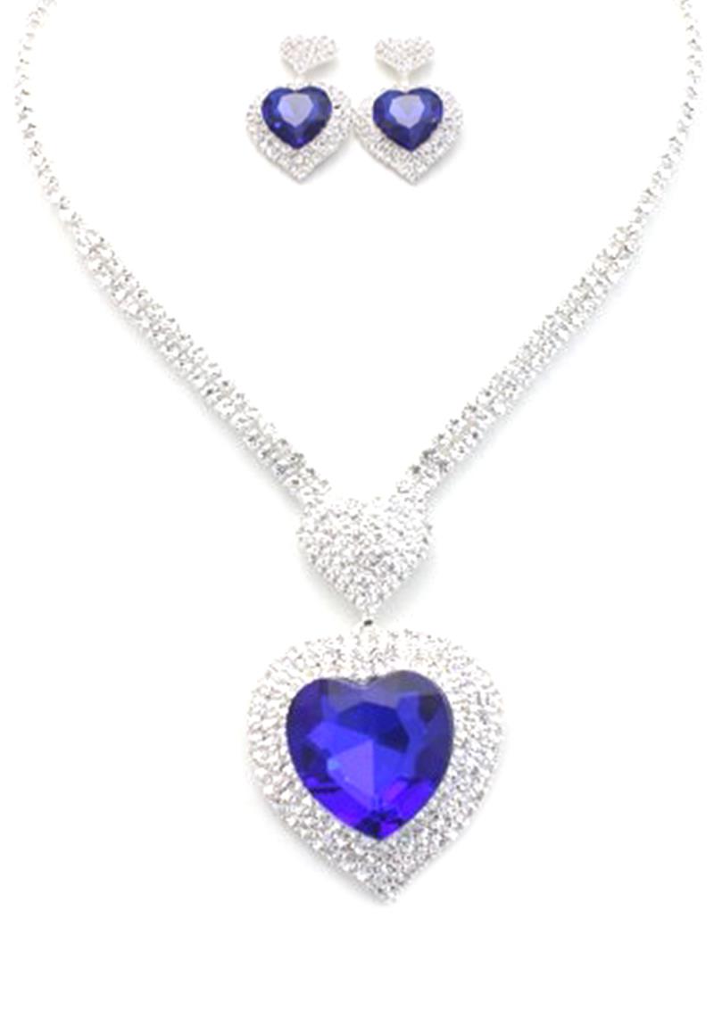 FASHION RHINESTONE CRYSTAL HEART GEM NECKLACE AND EARRING SET