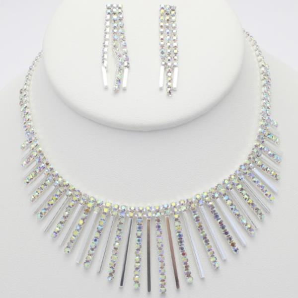 MULTI METAL CRYSTAL RHINESTONE BAR NECKLACE EARRING SET