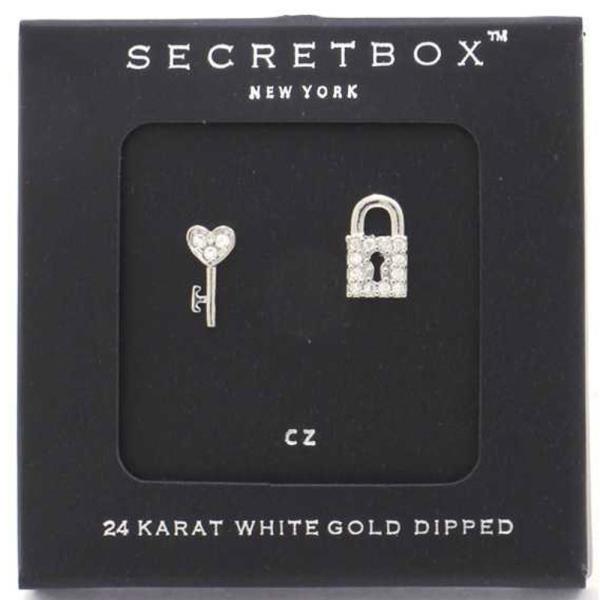 SECRET BOX HEART KEY LOCK CHARM STUD EARRING