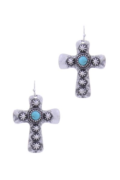 WESTERN STYLE CROSS TQ STONE HOOK EARRING