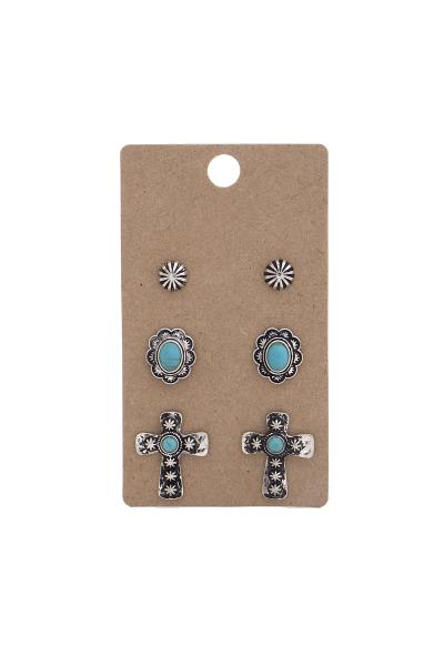 WESTERN STYLE TQ NATURAL STONE STUD EARRING 3 PAIR SET