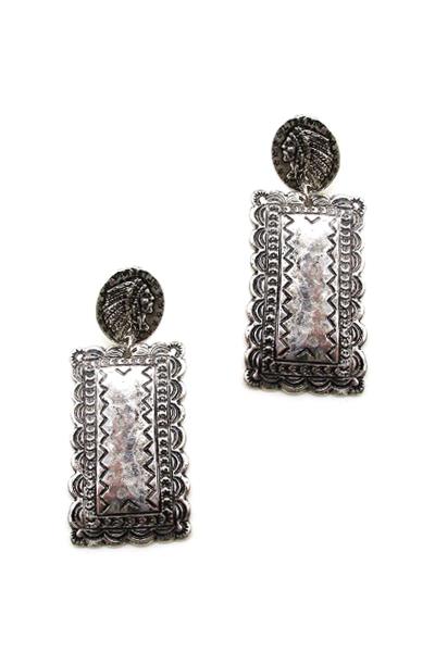 WESTERN STYLE METAL RECTANGLE DANGLE EARRING