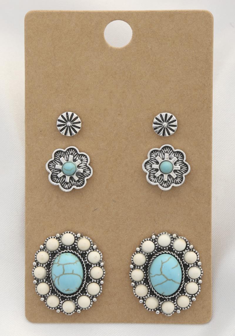 WESTERN STYLE NATURAL STONE STUD EARRING 3 PAIR SET