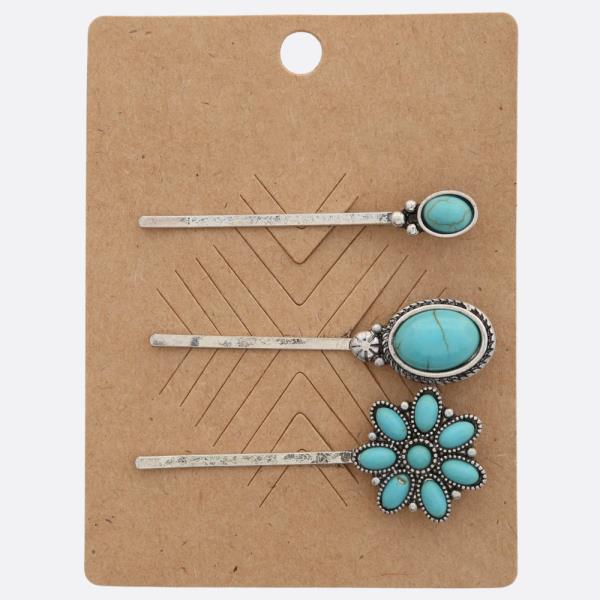 WESTERN STYLE FLOWER TURQUOISE BEAD HAIR PIN SET