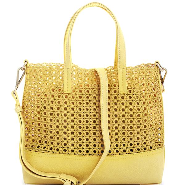 STREET LEVEL 2IN1 NATURAL WOVEN TWO TONE TOTE WITH LONG STRAP