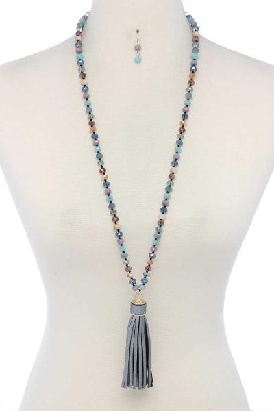 PU LEATHER TASSEL BEADED NECKLACE