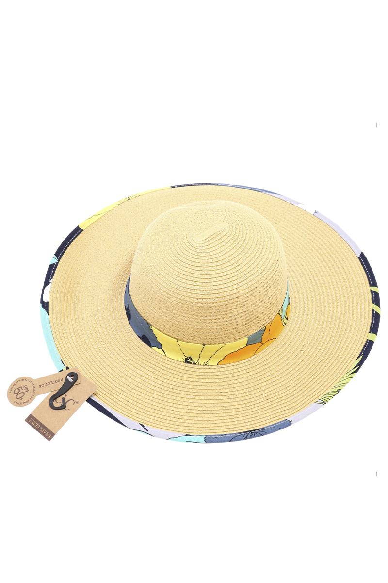 CC HAT STRAW BRIM SUN HAT W/FLORAL PRINT