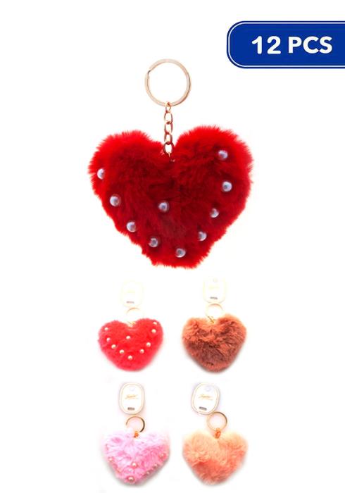 FASHION HEART POMPOM PEARL STUDDED KEY CHAIN (12 UNITS)