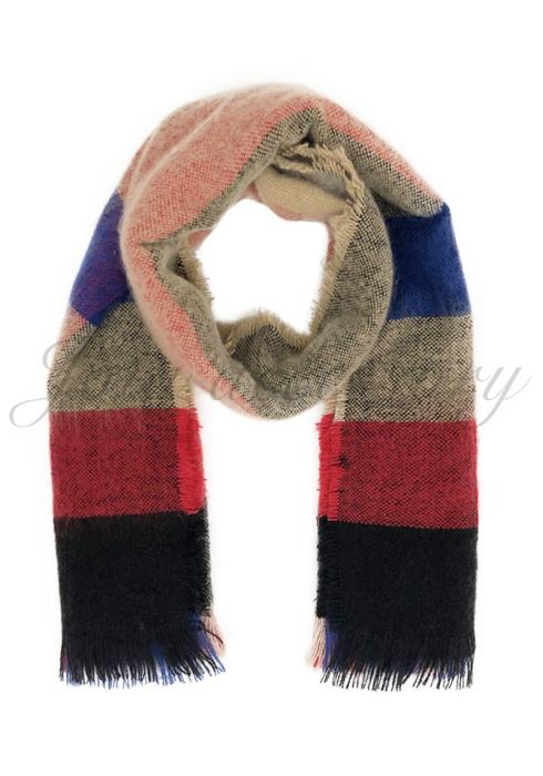 WIDE COLOR BLOCK CHECK TASSEL OBLONG SCARF