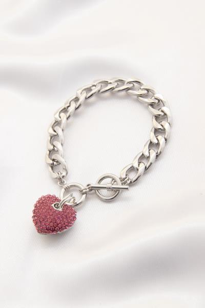 HEART STONE METAL LINK CHAIN TOGGLE CLASP BRACELET