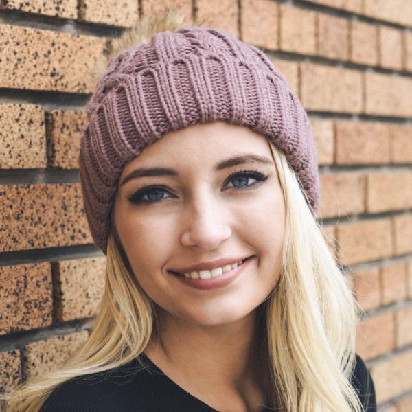 SOFT CABLE KNIT BEANIE WITH FAUX FUR POM