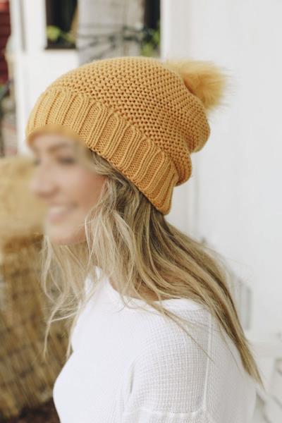 POM BEANIES WITH FAUX SHERPA LINING