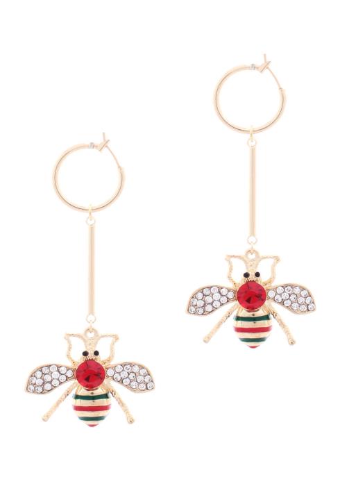 MINI HOOP QUEEN BEE DANGLE METAL BAR EARRING