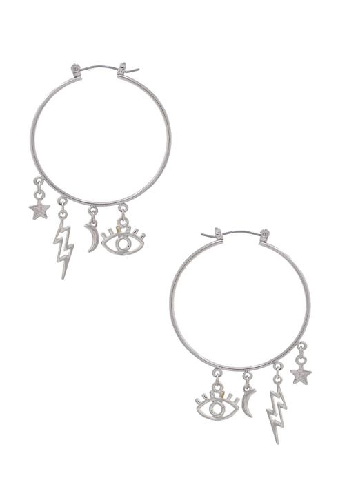 SODAJO EYE LIGHTING BOLT CHARM METAL HOOP EARRING