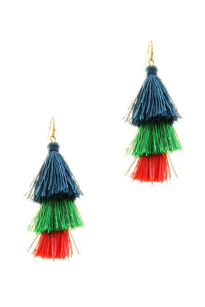 FASHION TRIPLE COLORED TASSEL LAYERED HOOK EARRING