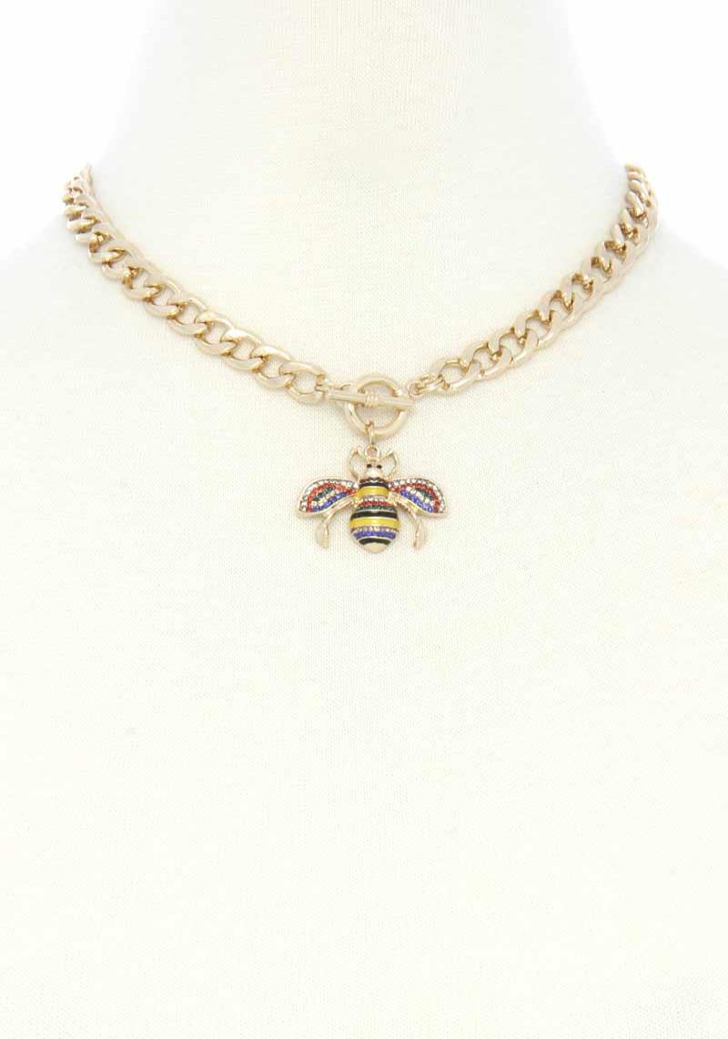 RHINESTONE BEE PENDANT TOGGLE CLASP NECKLACE