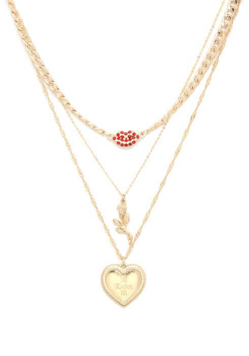 SODAJO I LOVE YOU ENGRAVED HEART CHARM ROSE LAYERED NECKLACE