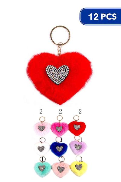 FASHION HEART RHINESTONE POM POM KEYCHAIN (12 UNITS)