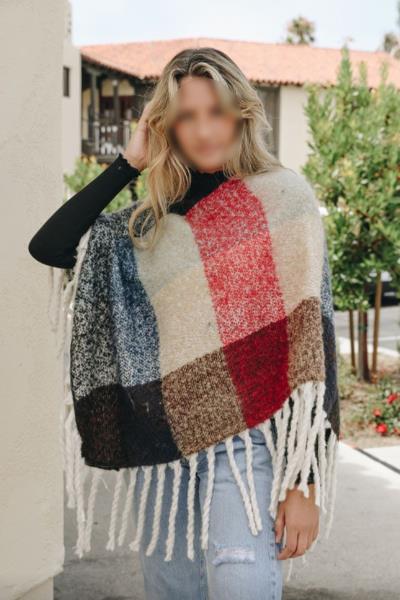 COLOR BLOCK TASSEL POLYESTER PONCHO