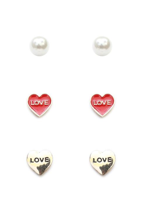 PEARL AND LOVE HEART STUD EARRING 3 PAIR SET