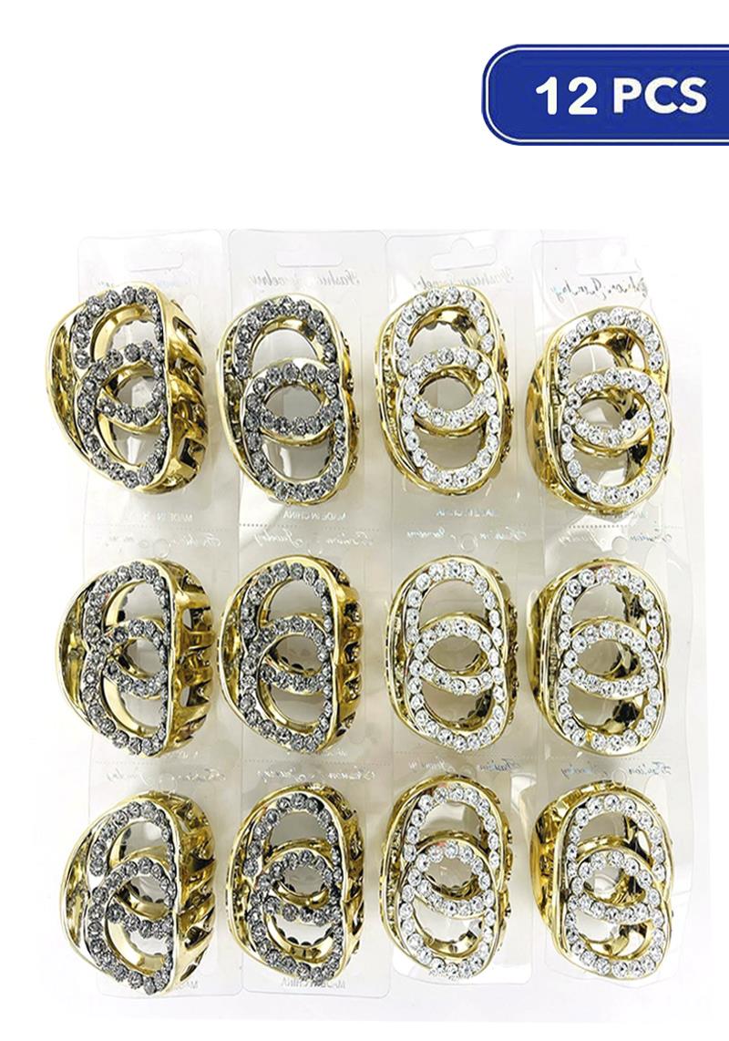 FASHION RHINESTONE DOUBLE ROUND HAIR CLAW CLIPS (12 UNITS)