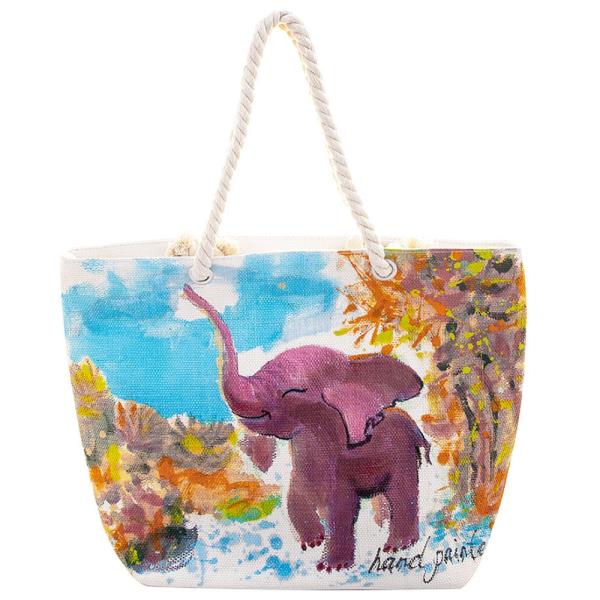 HAPPY ELEPHANT HAND PAINTED ROPE HANDLE STRAP TOTE BAG