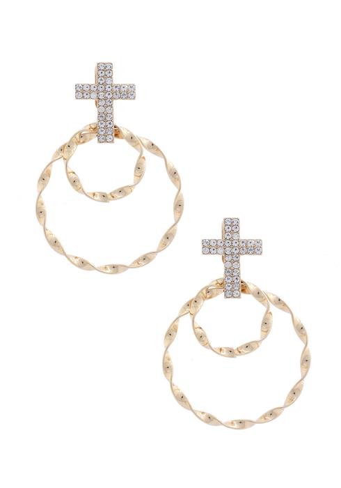 CROSS RHINESTONE DOUBLE CIRCLE POST EARRING