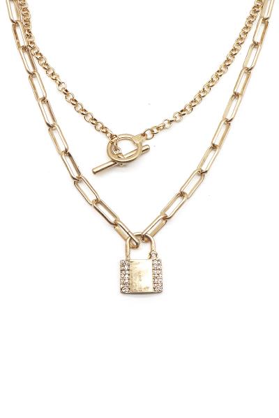 2 LAYERED METAL CHAIN LOCK PENDANT NECKLACE
