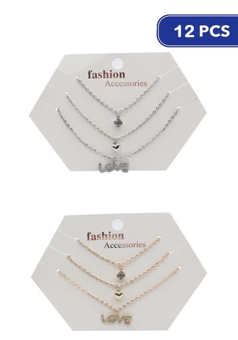 FASHION METAL HEART LOVE LETTER NECKLACE 3 PC SET (12 UNITS)