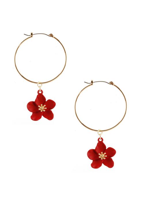 FASHION METAL HOOP FLOWER DANGLE EARRING