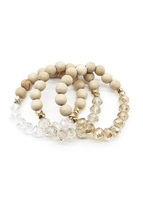 GLASS & WOOD BEAD STRETCH MULTI BRACELET