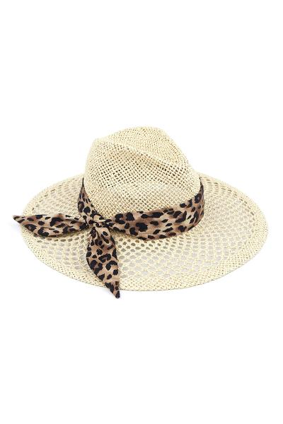 HONEYCOMB SHAPE PANAMA CC HAT WITH LEOPARD BAND TRIM  100% PAPER ADJUSTABLE STRING ONE SIZE 3.75" BRIM